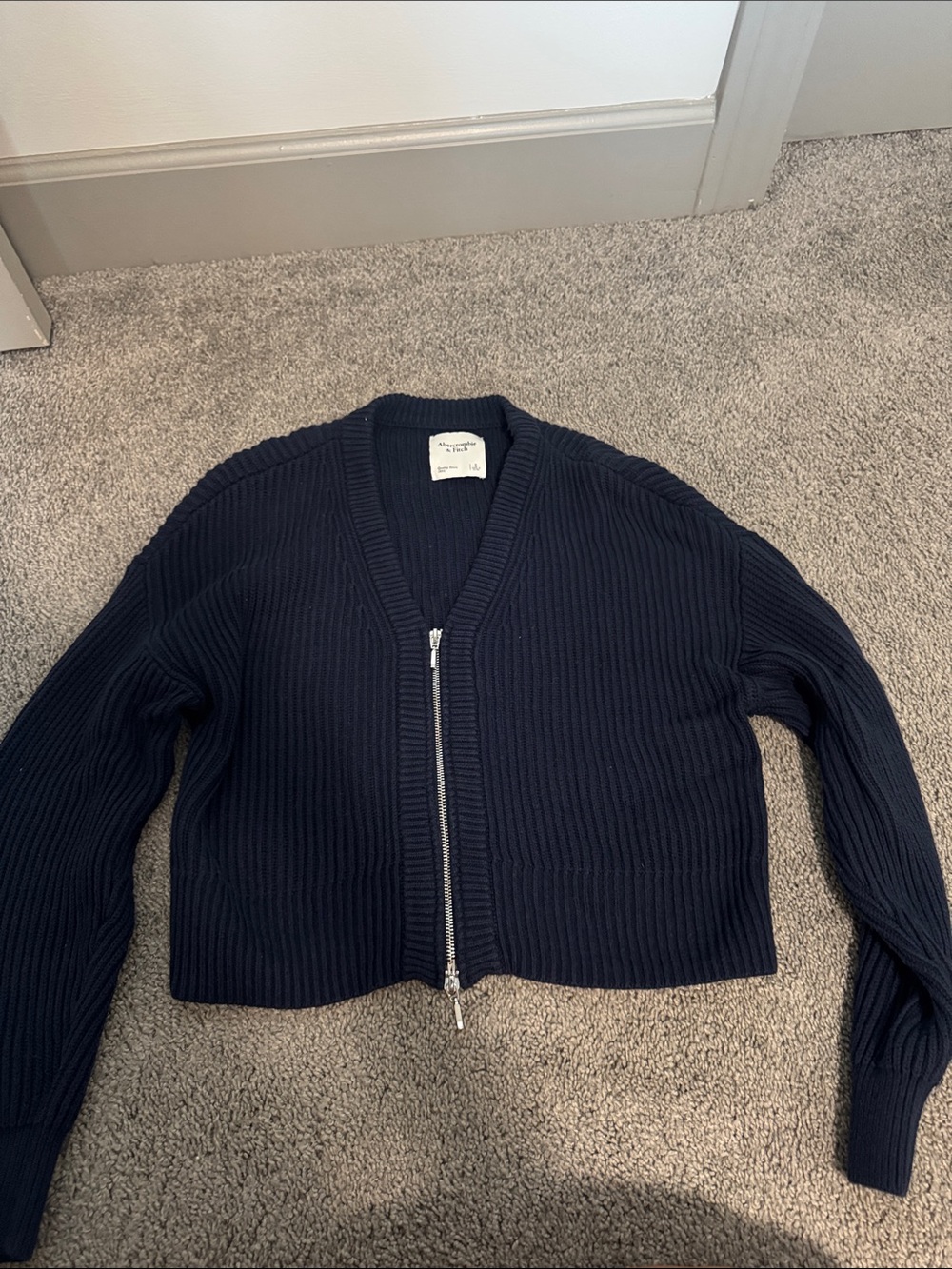 Abercrombie & Fitch Navy Ribbed Zip-Front Cropped Cardigan